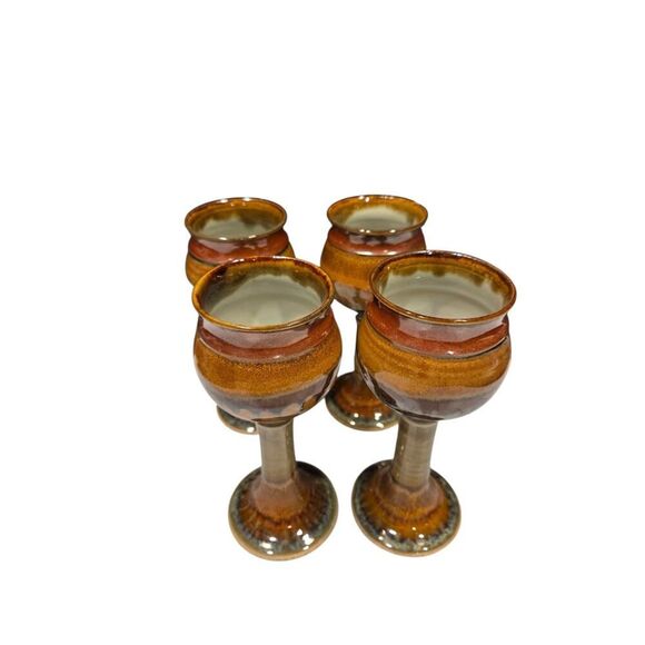 Studio Pottery Wine Goblets/Chalices (4) Hand Crafted Artist JT Brown Cream 7" - Picture 3 of 16